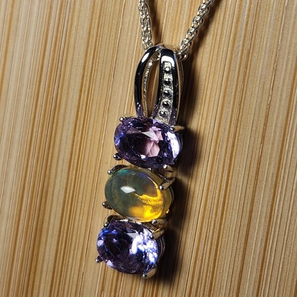 NIB Natural Ethiopian Welo Opal & Genuine Tanzanite Necklace 925 16" Necklace - Picture 6 of 12